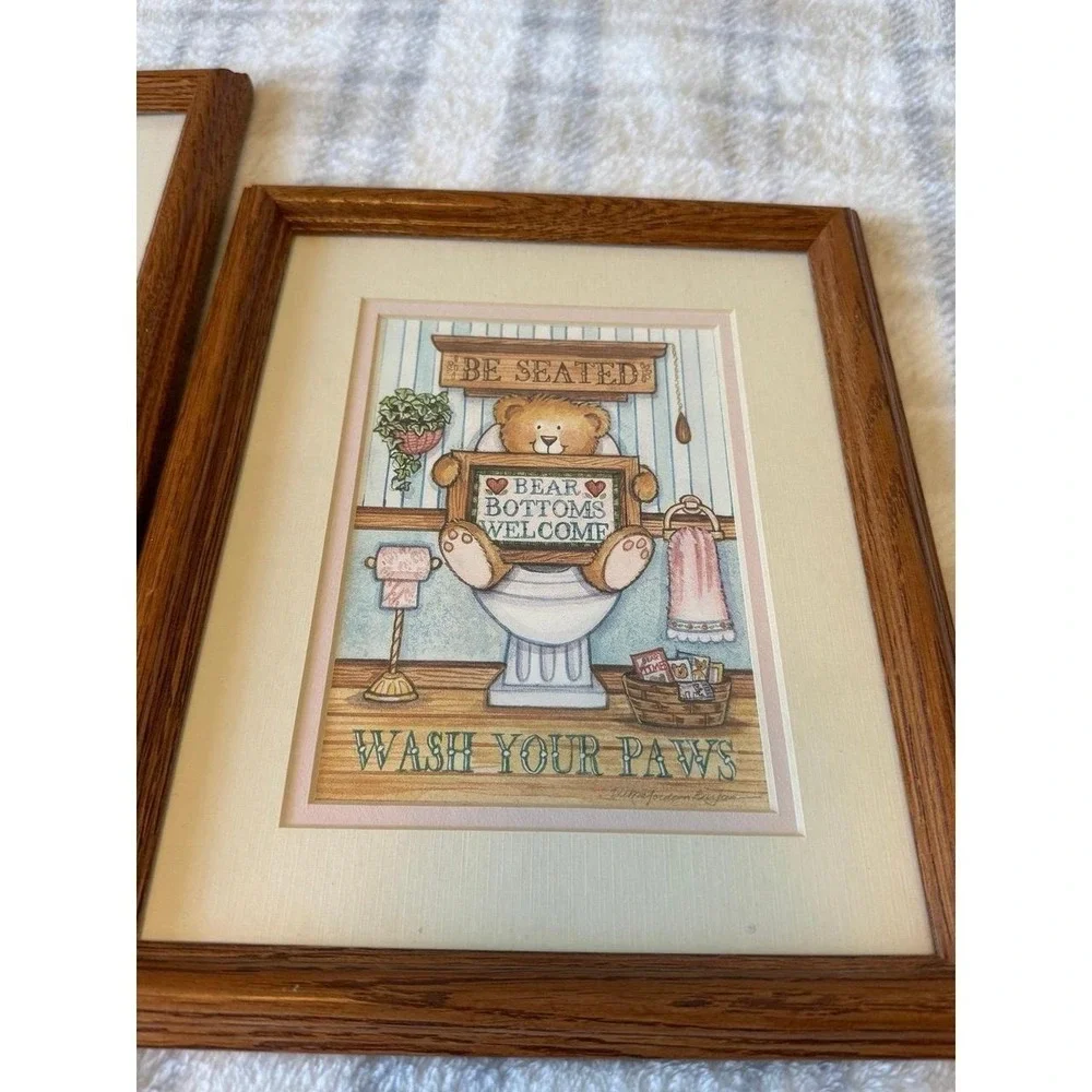 Vintage Country Bathroom Wall Art Set Framed Prints Farmhouse Decor Teddy Bear